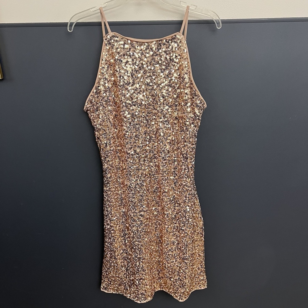 Blashe Solid Sequin Spaghetti Strap Dress Size XL Gold Shimmering Wedding Formal